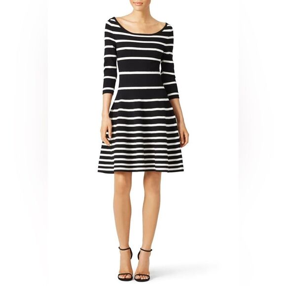 Milly Mime Black White Striped 3/4 Sleeve A-Line Knee Length Sweater Dress Small - Picture 1 of 9